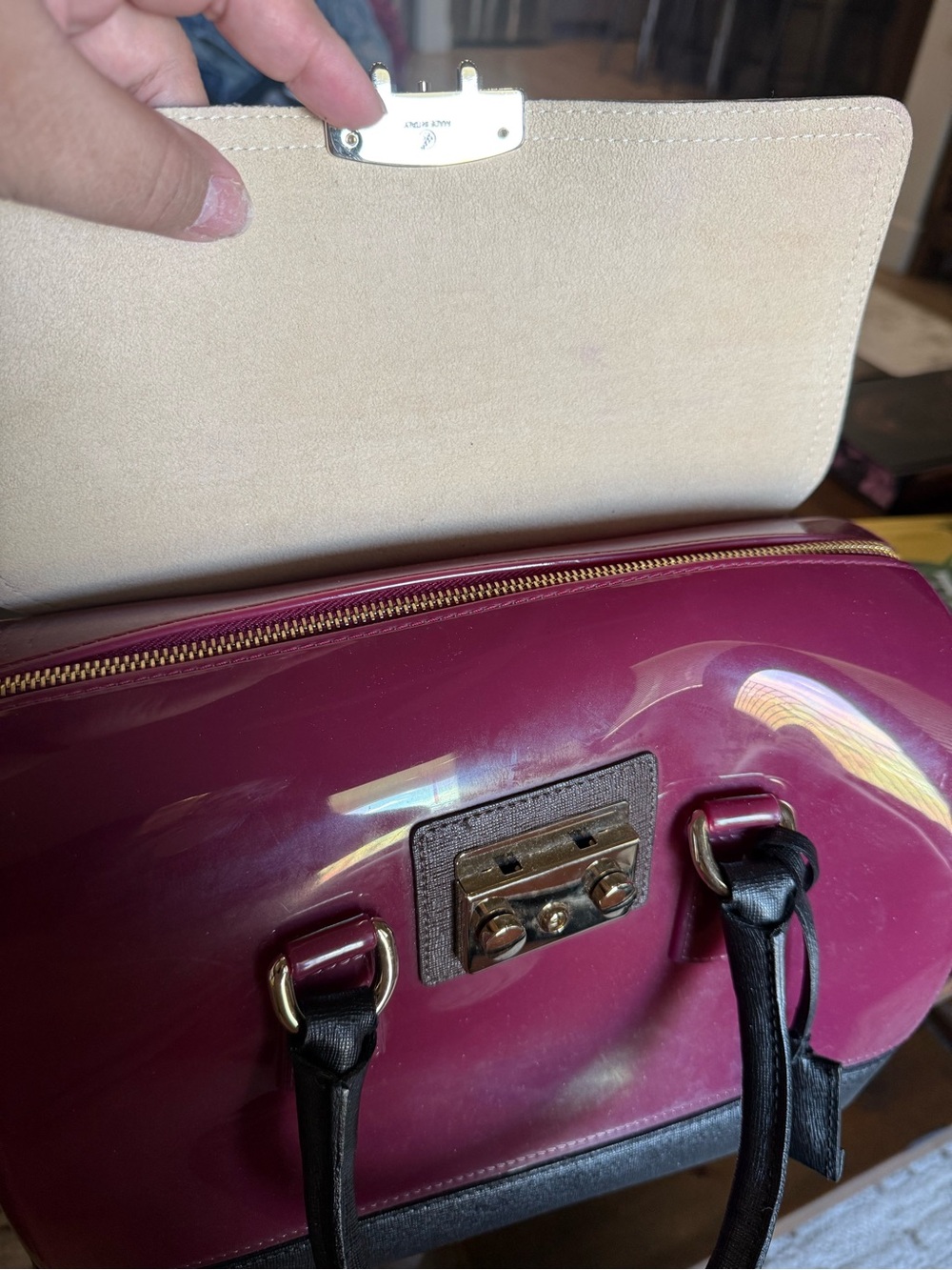 Furla Two-Tone Patent Satchel in Burgundy, Black and Brown - Picture 8 of 9